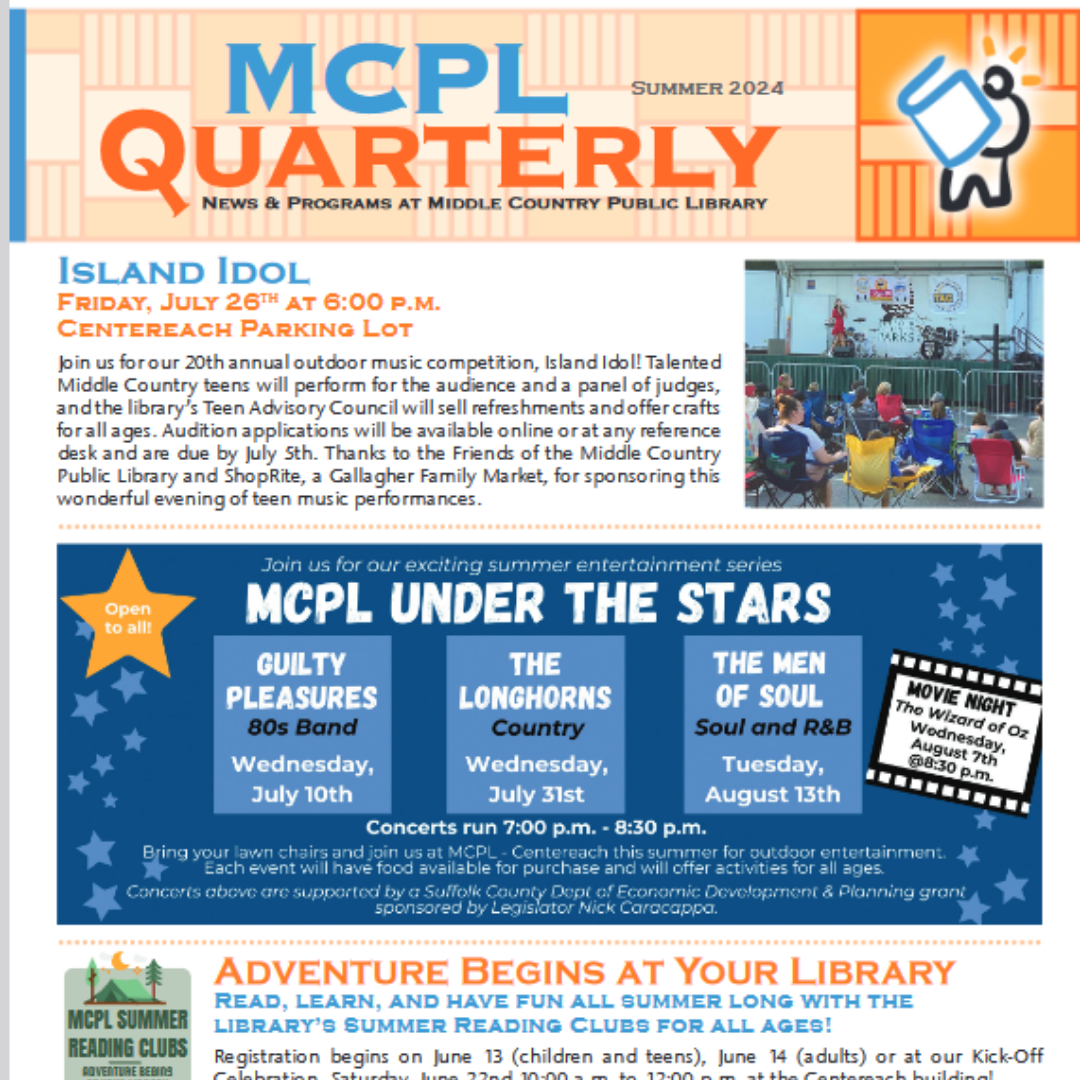 Cover of Middle Country Public Library's program quarterly